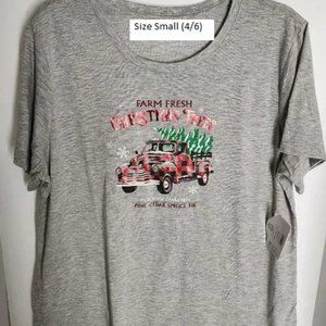Women’s Holiday Farm Fresh red truck Christmas tree gray t shirt Size S ((4/6)